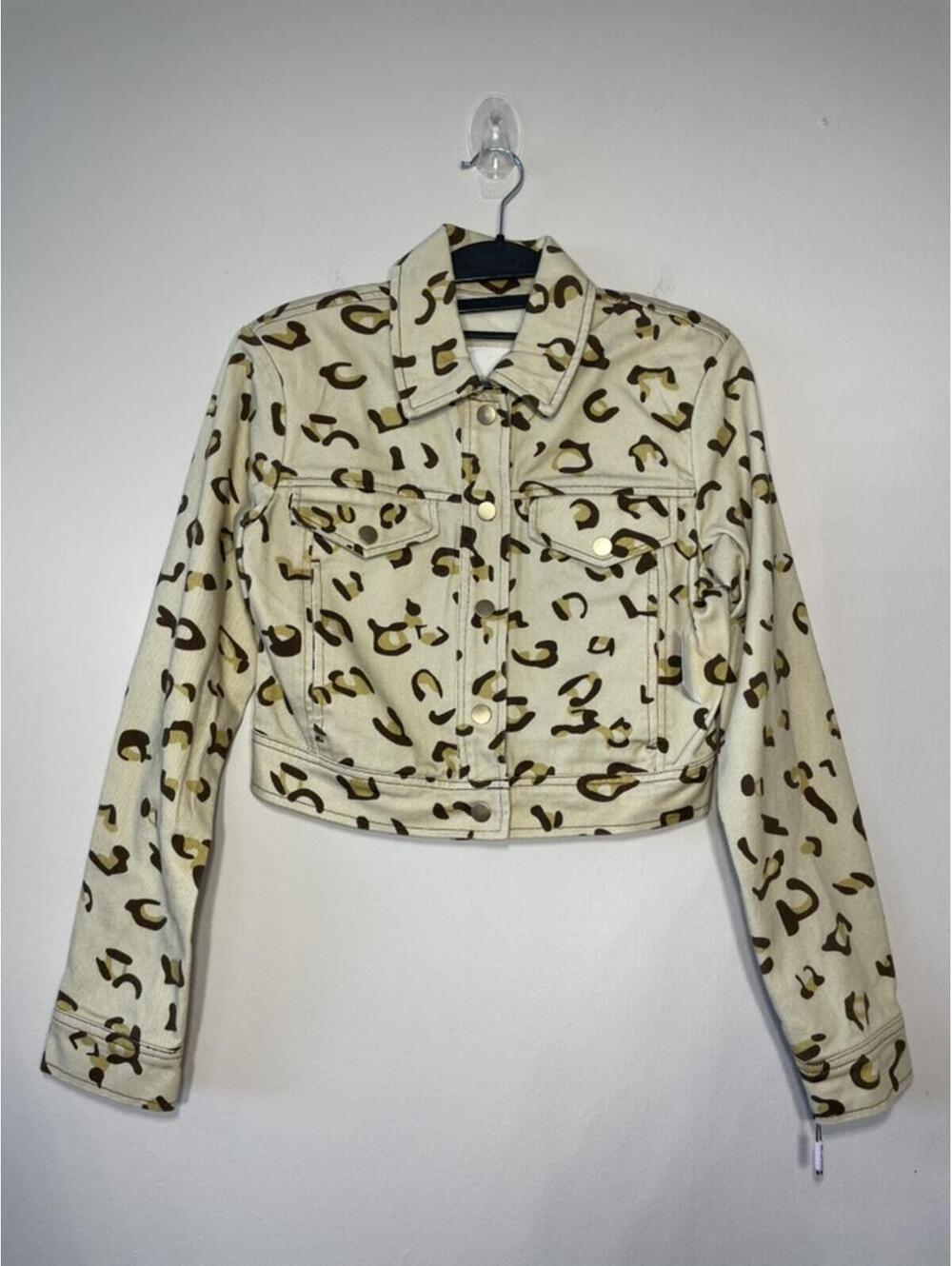Avec Les Filles Leopard Cropped Denim Trucker Jacket New XS